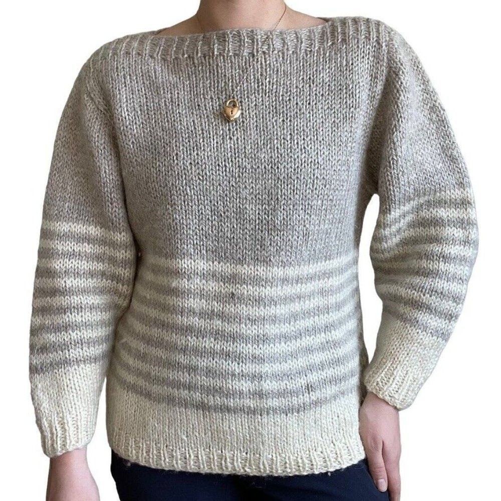 Vintage Hand Knit 100% Wool Brown White Striped Winter Boat Neck Sweater Sz M
